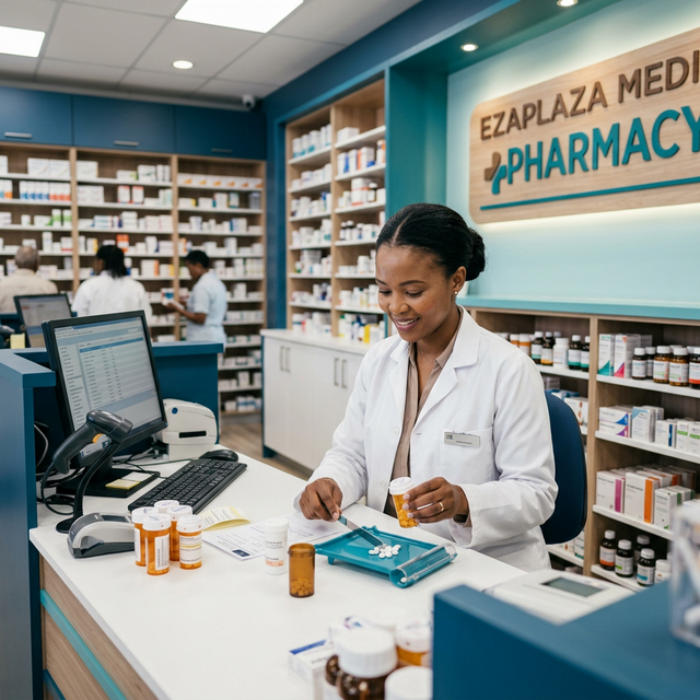 Pharmacist carefully preparing prescription medication at Ezaplaza Medi Pharmacy